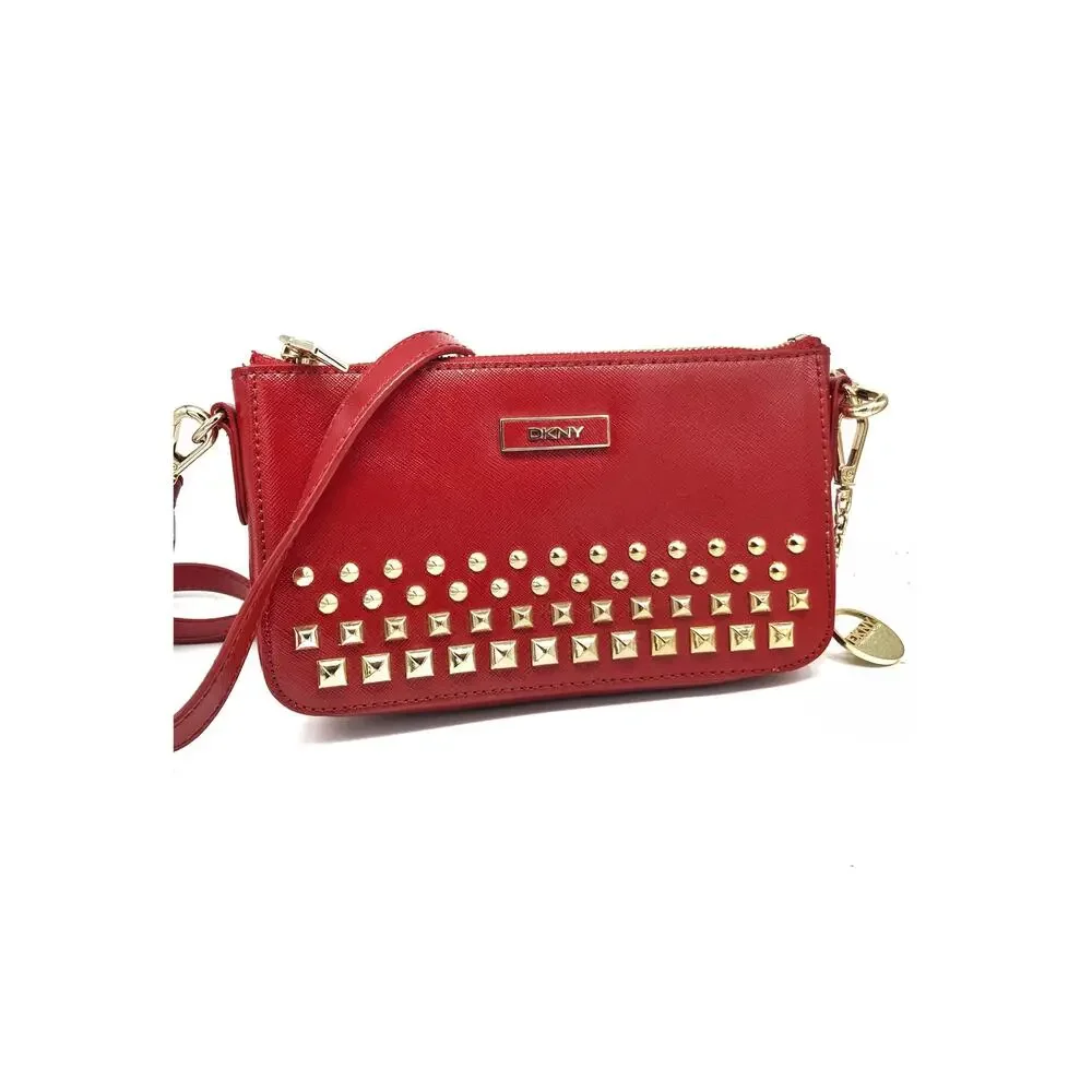 DKNY Red Saffiano Leather Studded Crossbody Clutch, Gold Hardware & Charm NWOT